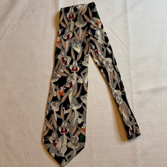 Vintage 1993 Looney Tunes Mania Bugs Bunny Cartoon Character Black Neck Tie - Picture 1 of 4